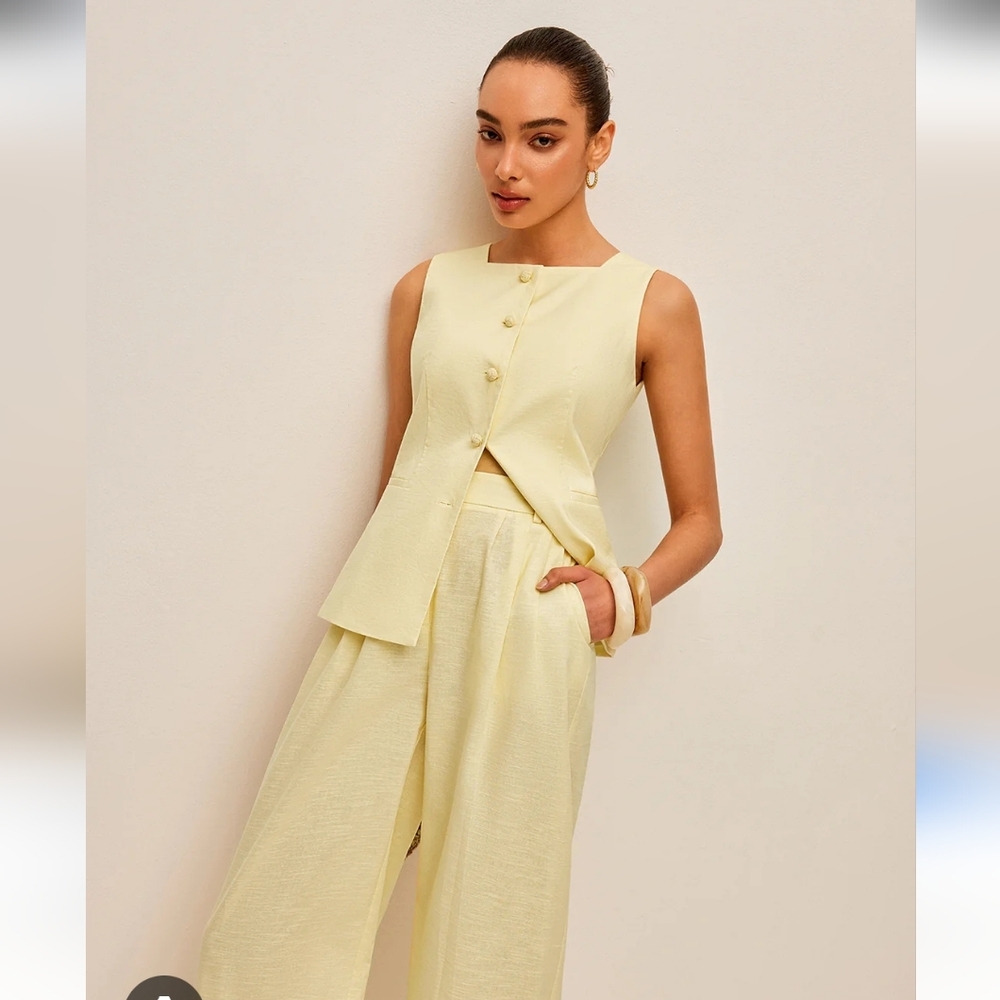 Cotton/Linen Pale Yellow Vest And Trouser Set NWT Sz S